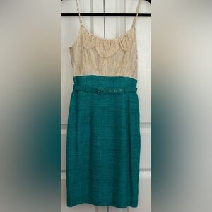 Trina Turk Dress, cream silk top, turquoise bottom, size 2